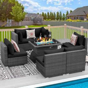 9 Pieces Patio Furniture Sets with Propane Fire Pit Table, PE Wicker Patio Furniture Set (Color: 7pcs Black With)