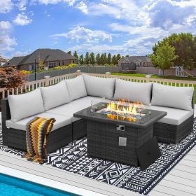 9 Pieces Patio Furniture Sets with Propane Fire Pit Table, PE Wicker Patio Furniture Set (Color: 6pcs Light Gray)