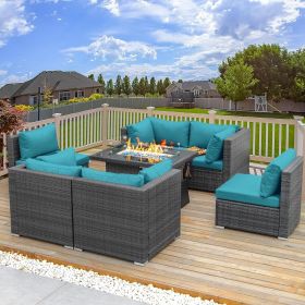 9 Pieces Patio Furniture Sets with Propane Fire Pit Table, PE Wicker Patio Furniture Set (Color: 7pcs-B Sky Blue)