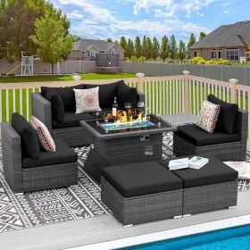 9 Pieces Patio Furniture Sets with Propane Fire Pit Table, PE Wicker Patio Furniture Set (Color: 7pcs-A Black With)