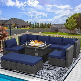 9 Pieces Patio Furniture Sets with Propane Fire Pit Table, PE Wicker Patio Furniture Set (Color: 9pcs Navy Blue)