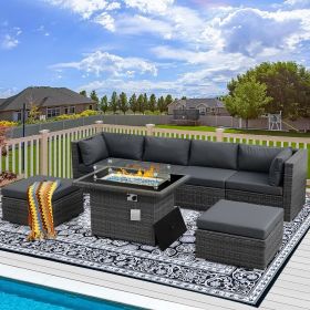 9 Pieces Patio Furniture Sets with Propane Fire Pit Table, PE Wicker Patio Furniture Set (Color: 7pcs-A Dark Gray)