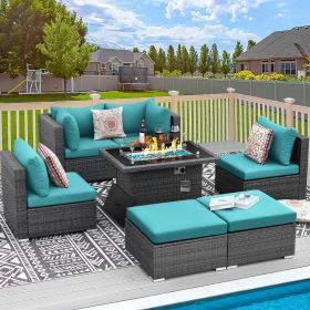 9 Pieces Patio Furniture Sets with Propane Fire Pit Table, PE Wicker Patio Furniture Set (Color: 7pcs-A Sky Blue)