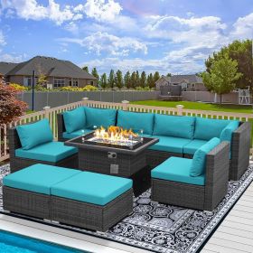 9 Pieces Patio Furniture Sets with Propane Fire Pit Table, PE Wicker Patio Furniture Set (Color: 9pcs Sky Blue)