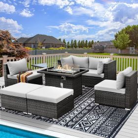 9 Pieces Patio Furniture Sets with Propane Fire Pit Table, PE Wicker Patio Furniture Set (Color: 7pcs-A Light Gray)