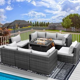 9 Pieces Patio Furniture Sets with Propane Fire Pit Table, PE Wicker Patio Furniture Set (Color: 9pcs Light Gray)