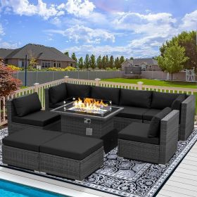 9 Pieces Patio Furniture Sets with Propane Fire Pit Table, PE Wicker Patio Furniture Set (Color: 9pcs Black With)