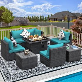 9 Pieces Patio Furniture Sets with Propane Fire Pit Table, PE Wicker Patio Furniture Set (Color: 8pcs Sky Blue)