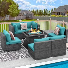 9 Pieces Patio Furniture Sets with Propane Fire Pit Table, PE Wicker Patio Furniture Set (Color: 7pcs Sky Blue)