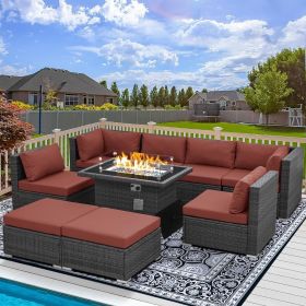 9 Pieces Patio Furniture Sets with Propane Fire Pit Table, PE Wicker Patio Furniture Set (Color: 9pcs Red With)