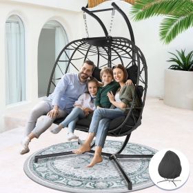 Double Swing Egg Chair with Stand Large 2 Person Indoor Outdoor Wicker Patio Twins Basket Hanging Chair (Color: Gray Black)