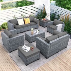 Patio Furniture Sets,7 Piece PE Rattan Sectional Sofa Couch with Storage Table and Non-Slip Cushions,Outdoor Conversation Set (Color: Grey)