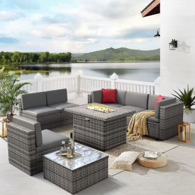 Patio Furniture Set, 8PCS with 40" Fire Pit Table Sectional Sofa Set with Coffee Table, Wicker Furniture Set (Color: Grey)