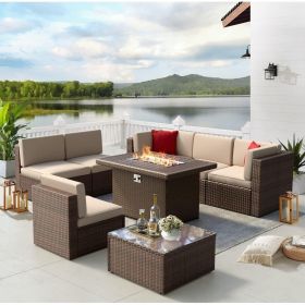 Patio Furniture Set, 8PCS with 40" Fire Pit Table Sectional Sofa Set with Coffee Table, Wicker Furniture Set (Color: Brown)