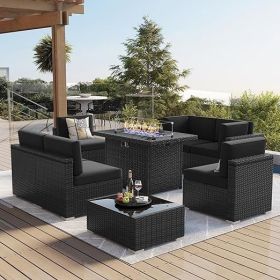 7/8 Pieces Outdoor Patio Furniture Set with Fire Pit Table Rattan Sectional Sofa Conversation Sets Moden Set for Garden (Color: 8-black Black)