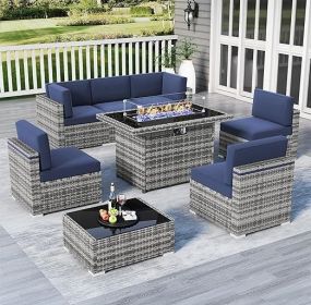 7/8 Pieces Outdoor Patio Furniture Set with Fire Pit Table Rattan Sectional Sofa Conversation Sets Moden Set for Garden (Color: 8-gray Navy)