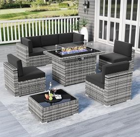 7/8 Pieces Outdoor Patio Furniture Set with Fire Pit Table Rattan Sectional Sofa Conversation Sets Moden Set for Garden (Color: 8-grey Black)