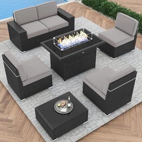 7/8 Pieces Outdoor Patio Furniture Set with Fire Pit Table Rattan Sectional Sofa Conversation Sets Moden Set for Garden (Color: 7-black Light Grey)