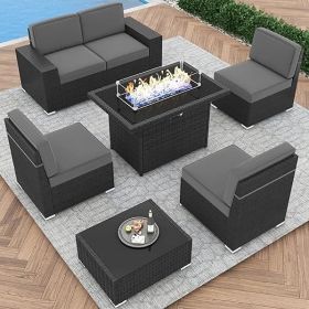 7/8 Pieces Outdoor Patio Furniture Set with Fire Pit Table Rattan Sectional Sofa Conversation Sets Moden Set for Garden (Color: 7-black Gray)