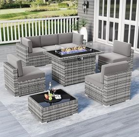 7/8 Pieces Outdoor Patio Furniture Set with Fire Pit Table Rattan Sectional Sofa Conversation Sets Moden Set for Garden (Color: 8-grey Light Gray)