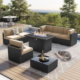 7/8 Pieces Outdoor Patio Furniture Set with Fire Pit Table Rattan Sectional Sofa Conversation Sets Moden Set for Garden (Color: 8-black Beige)