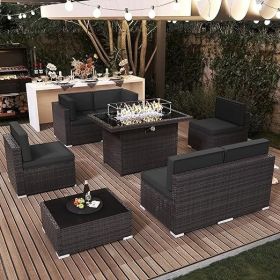 7/8 Pieces Outdoor Patio Furniture Set with Fire Pit Table Rattan Sectional Sofa Conversation Sets Moden Set for Garden (Color: 8-brown Black)