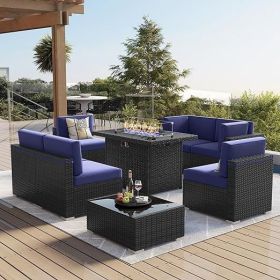 7/8 Pieces Outdoor Patio Furniture Set with Fire Pit Table Rattan Sectional Sofa Conversation Sets Moden Set for Garden (Color: 8-black Navy Blue)