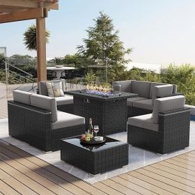 7/8 Pieces Outdoor Patio Furniture Set with Fire Pit Table Rattan Sectional Sofa Conversation Sets Moden Set for Garden (Color: 8-black Light Grey)