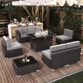 7/8 Pieces Outdoor Patio Furniture Set with Fire Pit Table Rattan Sectional Sofa Conversation Sets Moden Set for Garden (Color: 8-brown Light Grey)