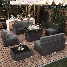 7/8 Pieces Outdoor Patio Furniture Set with Fire Pit Table Rattan Sectional Sofa Conversation Sets Moden Set for Garden (Color: 8-brown Gray)