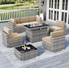 7/8 Pieces Outdoor Patio Furniture Set with Fire Pit Table Rattan Sectional Sofa Conversation Sets Moden Set for Garden (Color: 8-grey Beige)