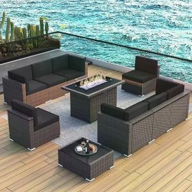 8/10 Piece Patio Furniture Set with Fire Pit Table, Outdoor Conversation Sets Wicker Rattan Sectional Sofa with Coffee Table (Color: F10-brown Black)