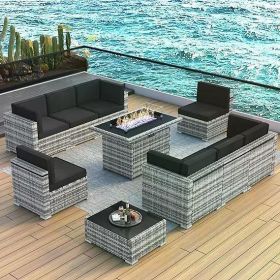 8/10 Piece Patio Furniture Set with Fire Pit Table, Outdoor Conversation Sets Wicker Rattan Sectional Sofa with Coffee Table (Color: F10-grey Black)