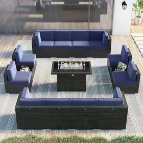 8/10 Piece Patio Furniture Set with Fire Pit Table, Outdoor Conversation Sets Wicker Rattan Sectional Sofa with Coffee Table (Color: F8-black Navy Blue)