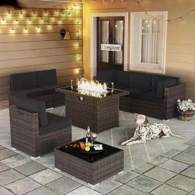 8/10 Piece Patio Furniture Set with Fire Pit Table, Outdoor Conversation Sets Wicker Rattan Sectional Sofa with Coffee Table (Color: F8-brown Black)