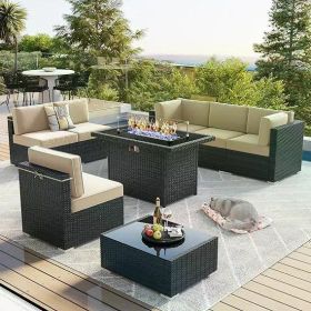 8/10 Piece Patio Furniture Set with Fire Pit Table, Outdoor Conversation Sets Wicker Rattan Sectional Sofa with Coffee Table (Color: F8-black Beige)