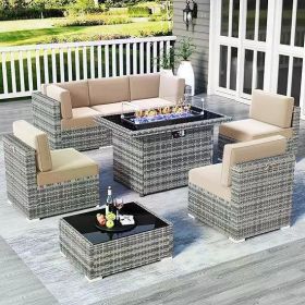 8/10 Piece Patio Furniture Set with Fire Pit Table, Outdoor Conversation Sets Wicker Rattan Sectional Sofa with Coffee Table (Color: F8-grey Beige)