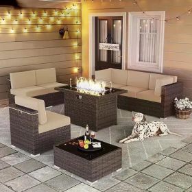 8/10 Piece Patio Furniture Set with Fire Pit Table, Outdoor Conversation Sets Wicker Rattan Sectional Sofa with Coffee Table (Color: F8-brown Beige)