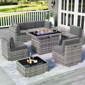 8/10 Piece Patio Furniture Set with Fire Pit Table, Outdoor Conversation Sets Wicker Rattan Sectional Sofa with Coffee Table (Color: F8-grey Grey)