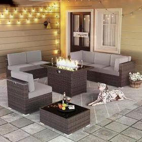 8/10 Piece Patio Furniture Set with Fire Pit Table, Outdoor Conversation Sets Wicker Rattan Sectional Sofa with Coffee Table (Color: F8-brown Light Grey)