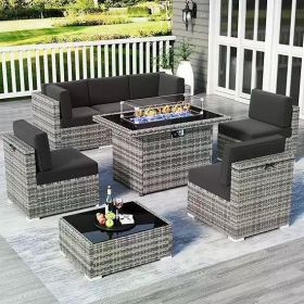 8/10 Piece Patio Furniture Set with Fire Pit Table, Outdoor Conversation Sets Wicker Rattan Sectional Sofa with Coffee Table (Color: F8-grey Black)