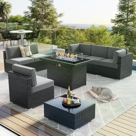 8/10 Piece Patio Furniture Set with Fire Pit Table, Outdoor Conversation Sets Wicker Rattan Sectional Sofa with Coffee Table (Color: F8-black Gray)