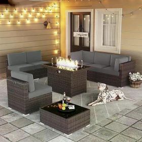 8/10 Piece Patio Furniture Set with Fire Pit Table, Outdoor Conversation Sets Wicker Rattan Sectional Sofa with Coffee Table (Color: F8-brown Gray)