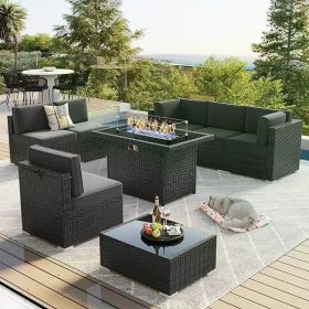 8/10 Piece Patio Furniture Set with Fire Pit Table, Outdoor Conversation Sets Wicker Rattan Sectional Sofa with Coffee Table (Color: F8-black Black)