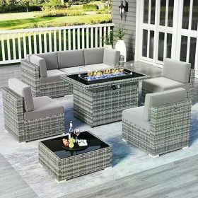 8/10 Piece Patio Furniture Set with Fire Pit Table, Outdoor Conversation Sets Wicker Rattan Sectional Sofa with Coffee Table (Color: F8-grey Light Gray)