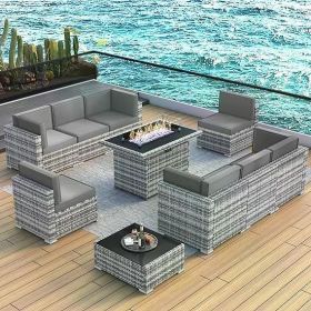 8/10 Piece Patio Furniture Set with Fire Pit Table, Outdoor Conversation Sets Wicker Rattan Sectional Sofa with Coffee Table (Color: F10-grey Gray)