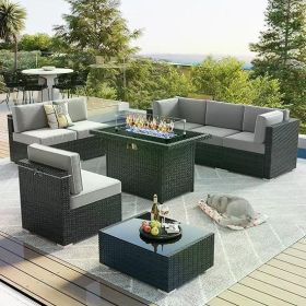 8/10 Piece Patio Furniture Set with Fire Pit Table, Outdoor Conversation Sets Wicker Rattan Sectional Sofa with Coffee Table (Color: F8-black Light Grey)