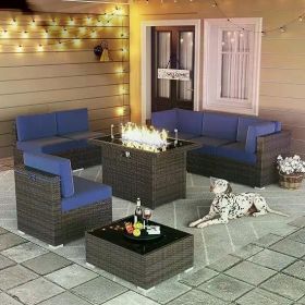 8/10 Piece Patio Furniture Set with Fire Pit Table, Outdoor Conversation Sets Wicker Rattan Sectional Sofa with Coffee Table (Color: F8-brown Navy)