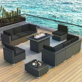 8/10 Piece Patio Furniture Set with Fire Pit Table, Outdoor Conversation Sets Wicker Rattan Sectional Sofa with Coffee Table (Color: F10-black Black)