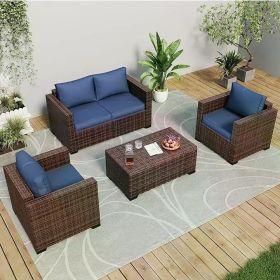 Patio Conversation Set with Fire Pit Table,4/5pcs Outdoor Oversized Sectional Sofa Wicker Patio Armrest Couch,Waterproof Covers (Color: 4pcs for 4-Navy)